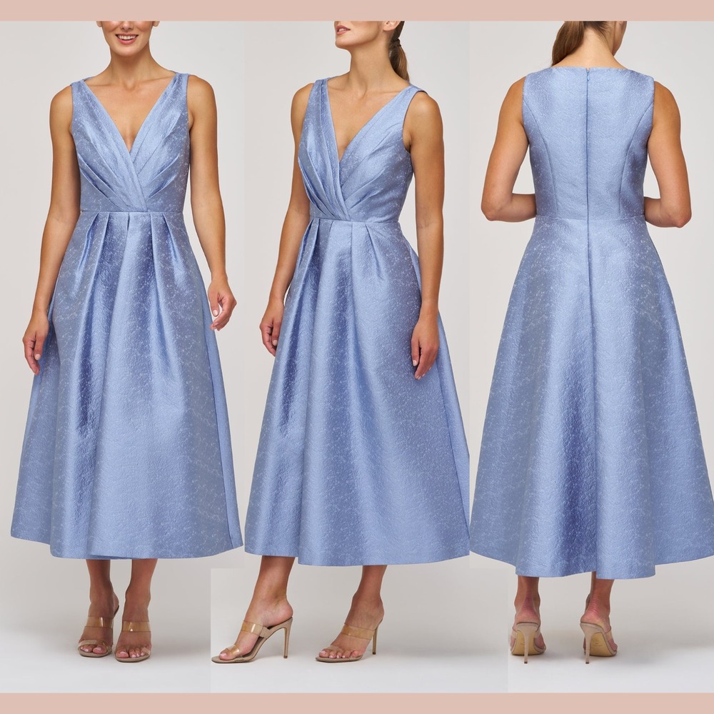 NWT $348 Kay Unger [ 4 ] V Neck Tea Length Flare Olivia Dress Pearl‎ Blue Q1282